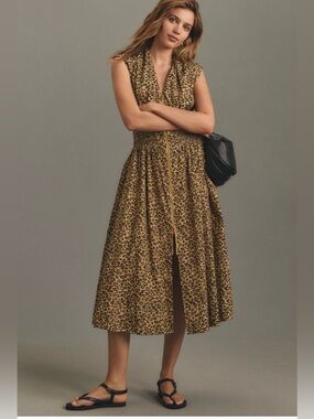 Maeve Tommie cap sleeve midi leopard print dress sz xs